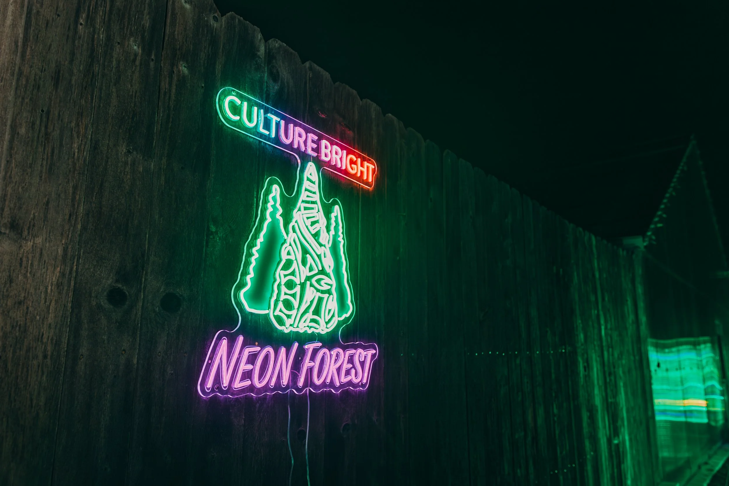 Neon sign with the words 'CULTURE BRIGHT' in multicolored letters, a stylized neon tree, and 'NEON FOREST' on a wooden wall