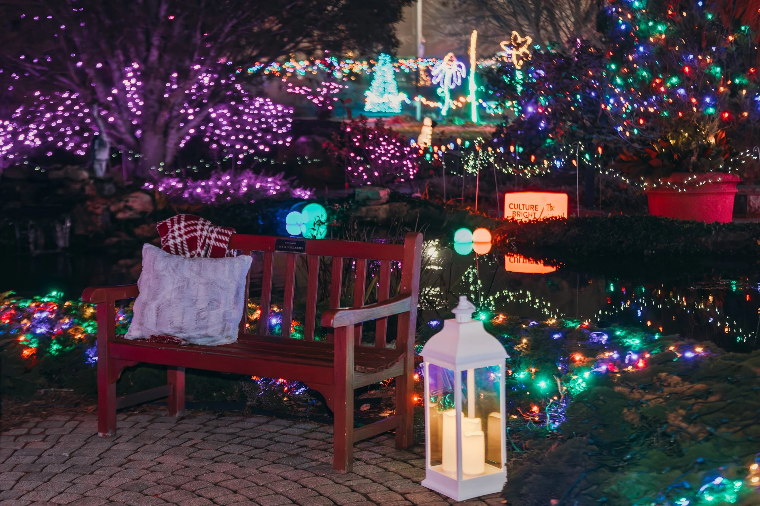 A red wooden bench with a white pillow and a red and white blanket, surrounded by Christmas lights and decorations including a lit white lantern, colorful string lights, illuminated trees, a potted plant with multicolored lights, and festive signs wi
