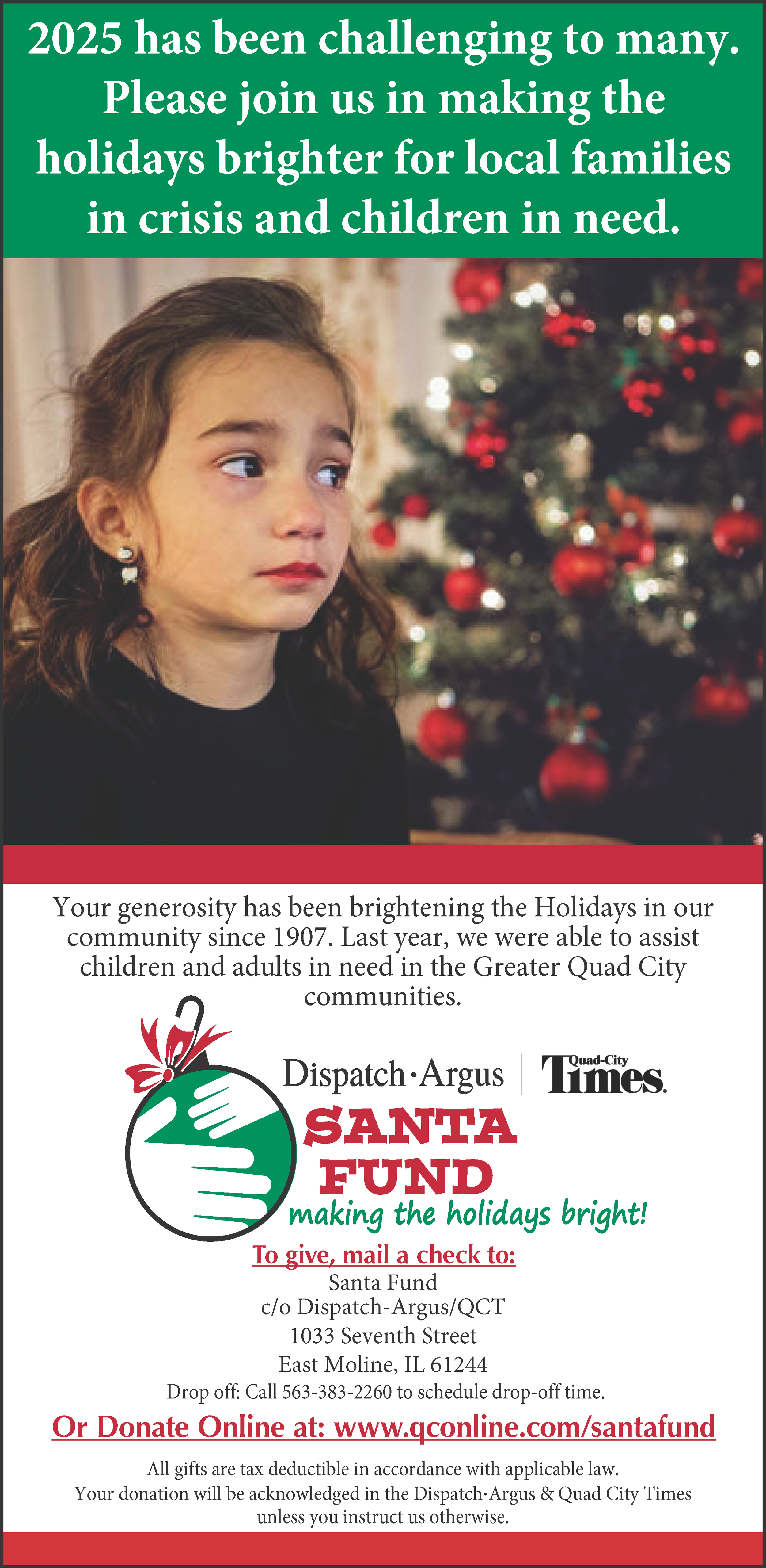 A young girl with brown hair and earrings sits in front of a Christmas tree decorated with red ornaments, looking slightly to the side with a somber expression.