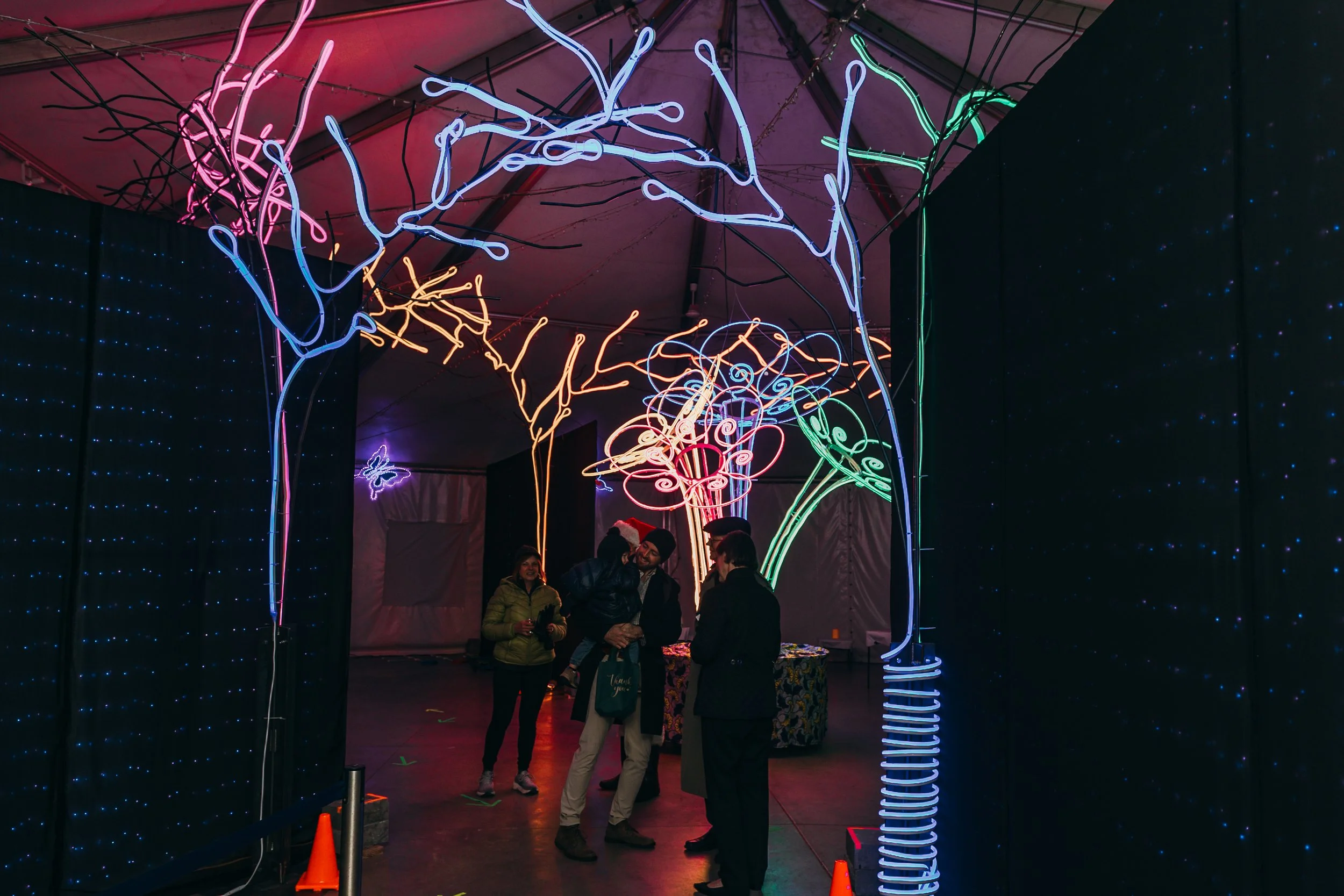 People inside an illuminated display of colorful neon lights arranged in the shape of trees and a butterfly, with a dark background.