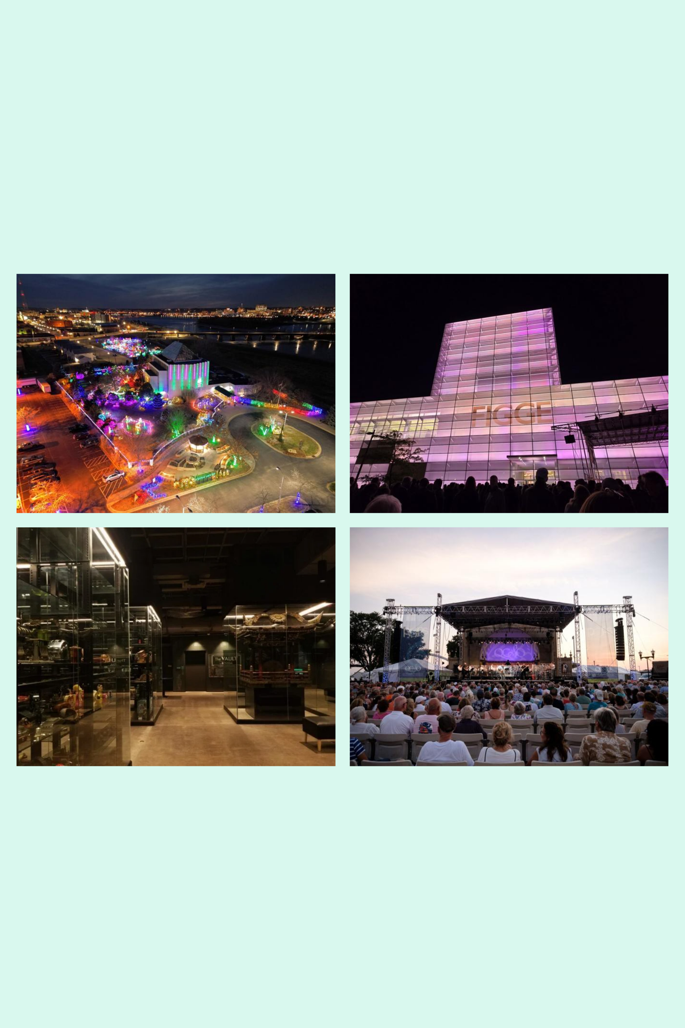 four picture collage of Winter Lights, Figge Art Museum, The Vault at the Putnam Museum and QCSO's Riverfront Pops concert