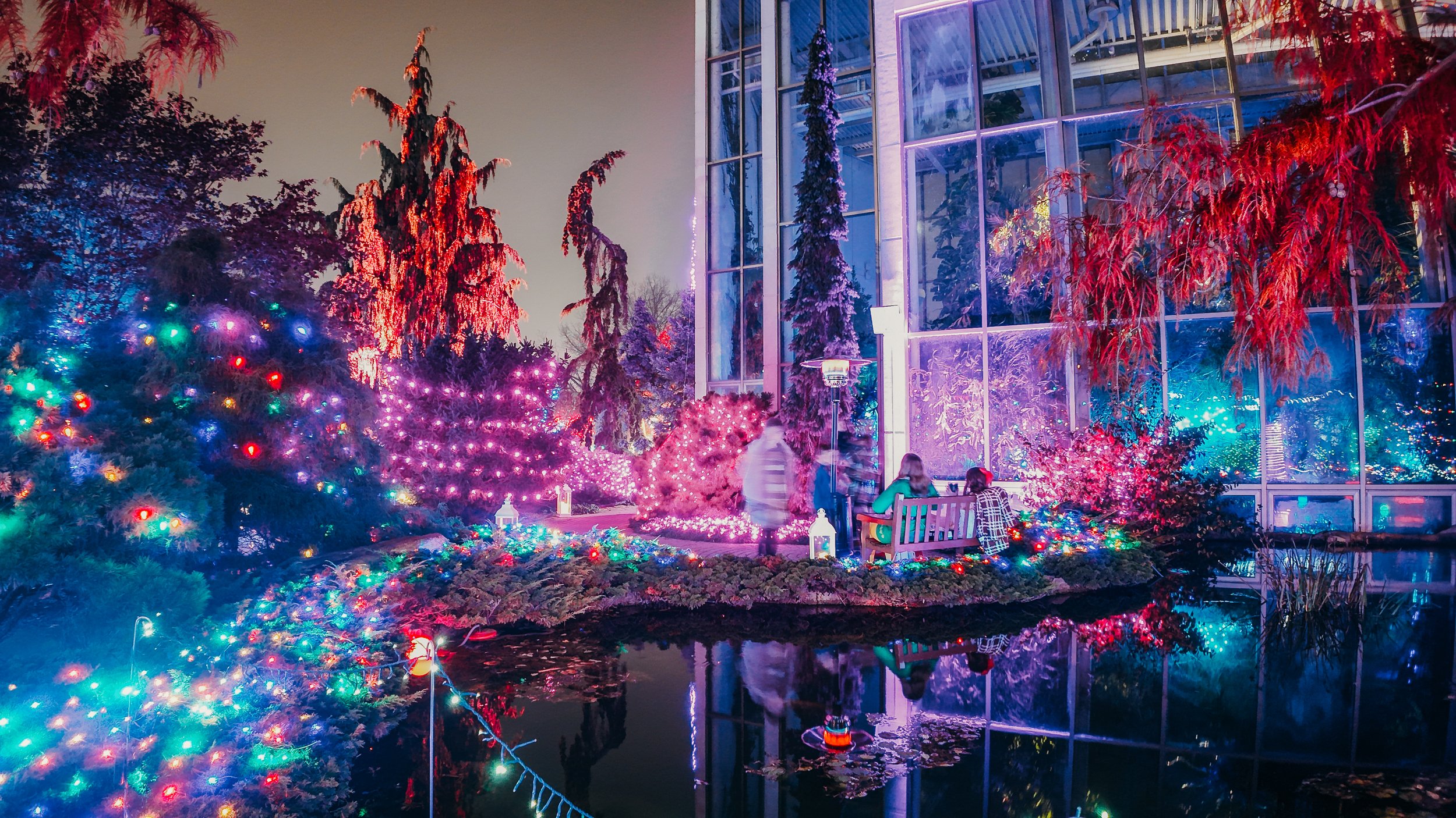 Indoor garden with colorful Christmas lights, red, green, purple, and blue decorations. People are sitting on a bench near the glowing plants and trees, with a water feature reflecting the vibrant lights.