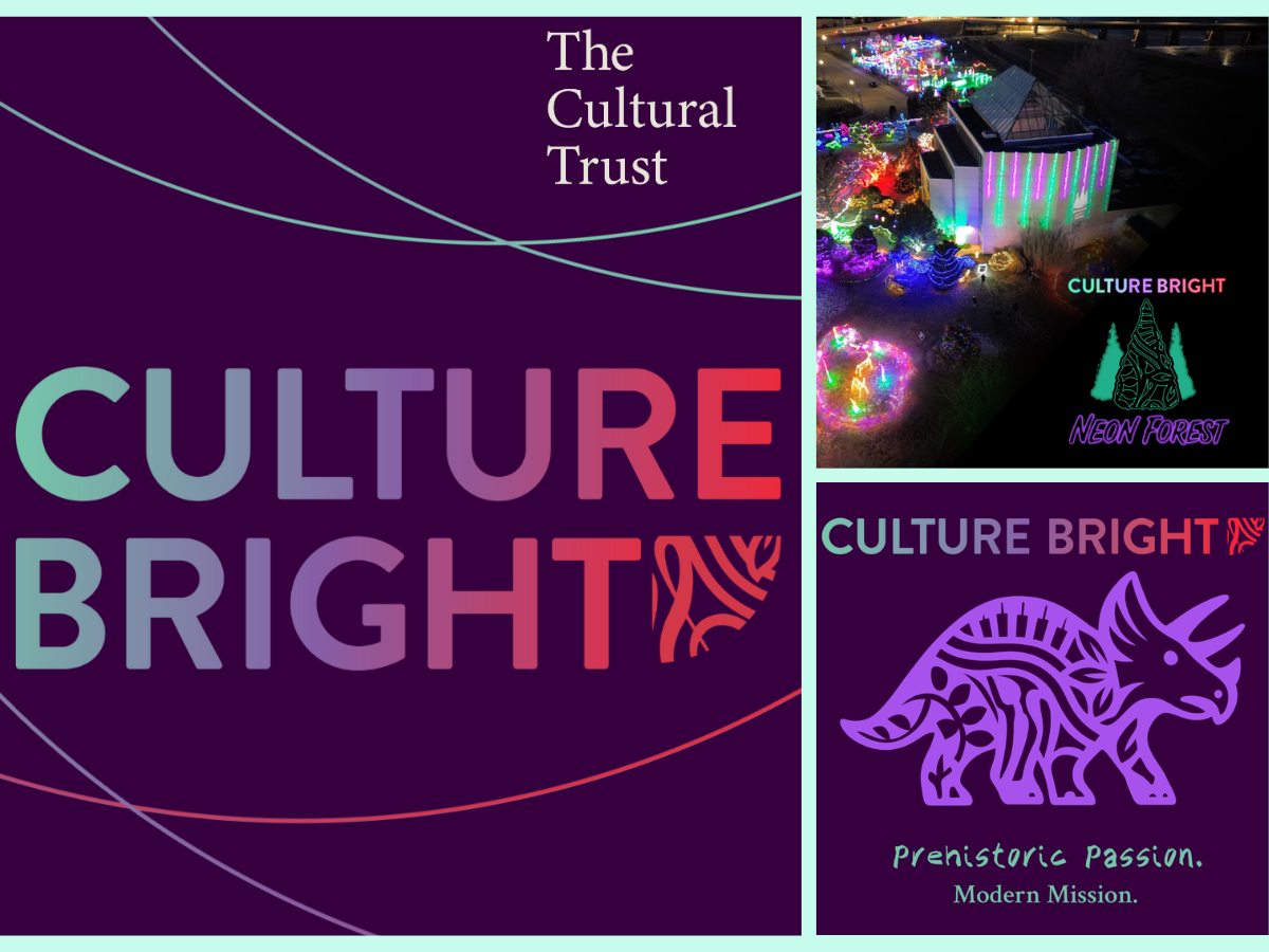 Culture Bright logo, image of Winter Light with Neon Forest logo and the Prehistoric Passion image