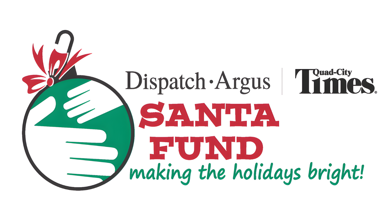Logo for Santa Fund, a holiday charity initiative, featuring a Christmas ornament with three white hands and a red bow, with the text 'Dispatch Argus', 'Quad-City Times', 'Santa Fund', and the slogan 'making the holidays bright!'
