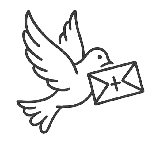 Line drawing of a dove carrying an envelope with a plus sign.