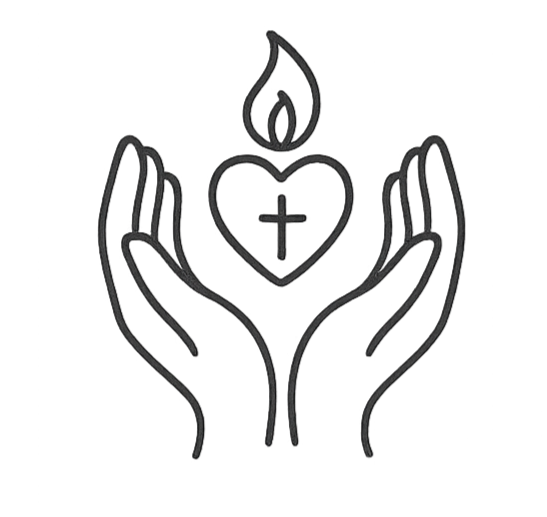 Illustration of two hands surrounding a heart with a cross inside, a flame above the heart.