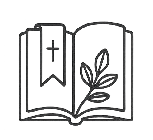 Illustration of an open Bible with a leaf branch inside, and a bookmark with a cross symbol.
