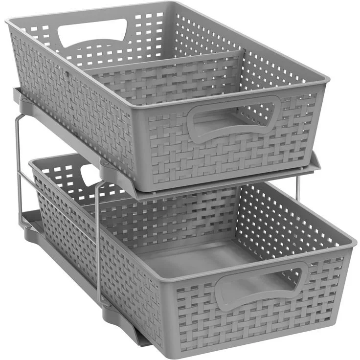 Two gray plastic storage baskets with handle cutouts on a metal rack.