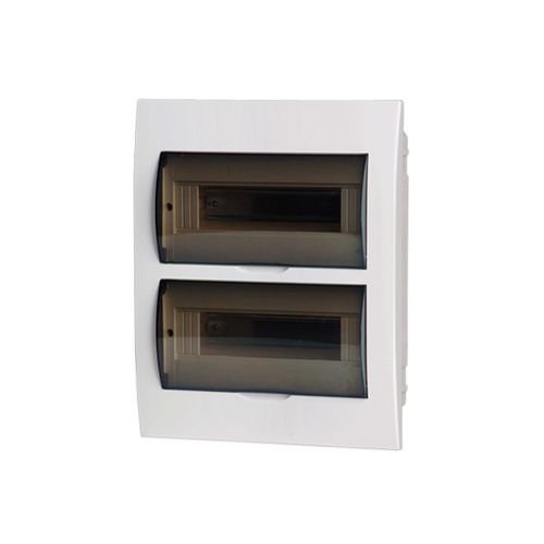White electrical distribution panel with two transparent doors