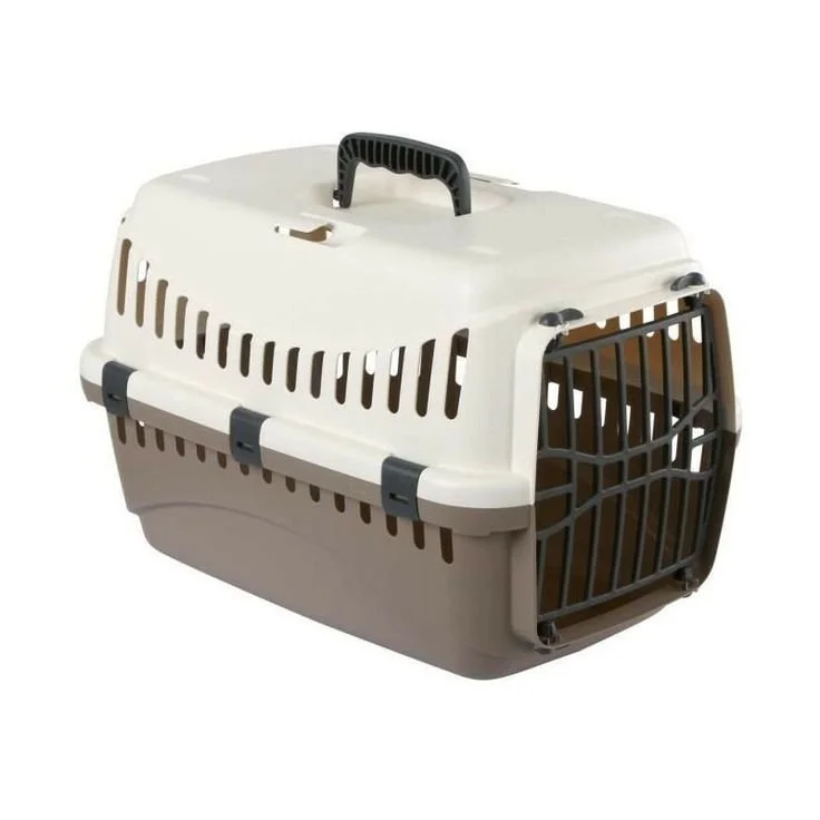 Portable pet carrier with a handle and a metal door.
