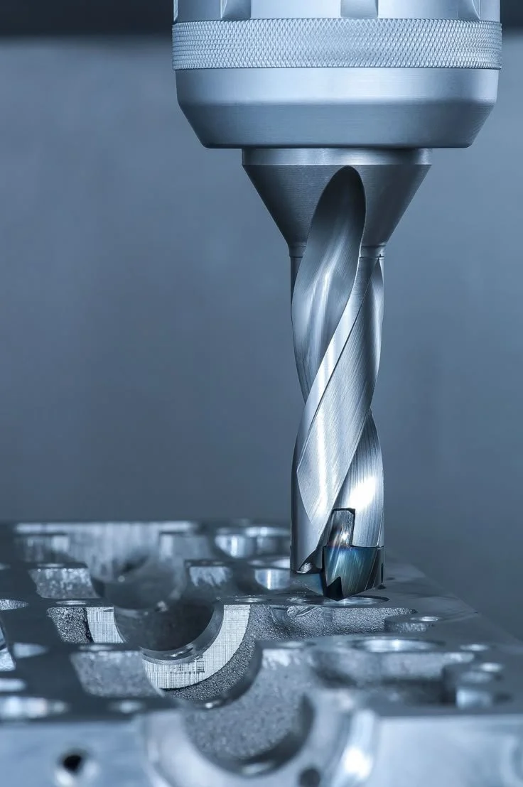Close-up of a CNC machine drill bit machining into a metal workpiece.
