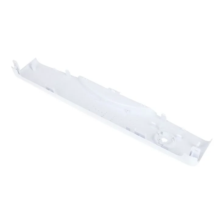A long, white plastic part with clips and holes, likely a dishwasher or appliance control panel cover.