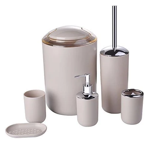 Set of beige bathroom accessories including a trash can, toilet brush holder, toothbrush holder, soap dispenser, cup, and soap dish.