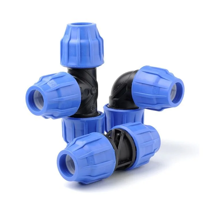 A set of plastic hose fittings with blue and black parts connected to form a pipe connector.
