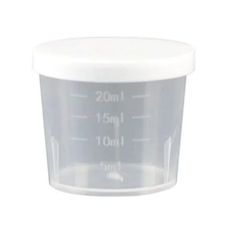 Clear plastic container with a white lid, marked with measurements up to 20 milliliters.