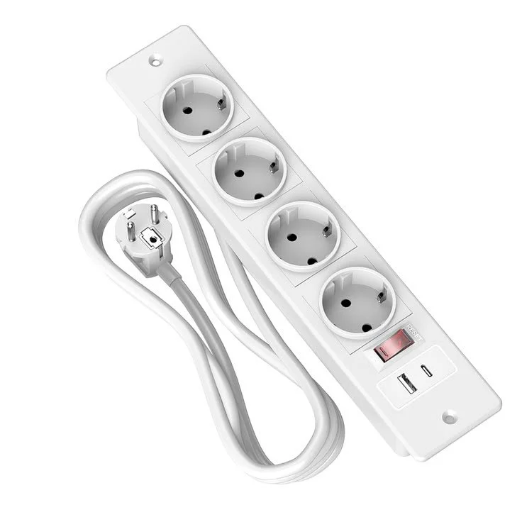 A white power strip with four outlets, a red switch, a USB port, and a power cord attached.