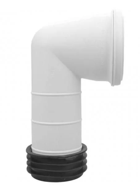 White plastic pipe with black rubber accordion seal at the bottom, angled to the right.