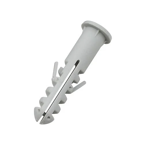 A white plastic wall anchor with a metal screw partially inserted.
