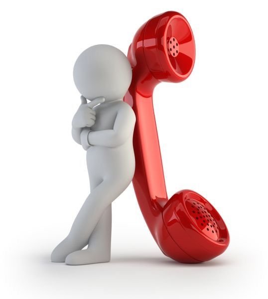 A white 3D humanoid figure standing with one hand on its chin and the other crossed over its chest, leaning against a large red telephone handset.