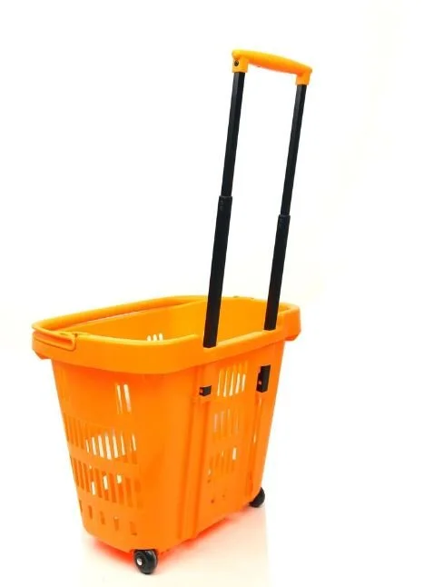 Orange rolling shopping basket with telescoping handle and four wheels.