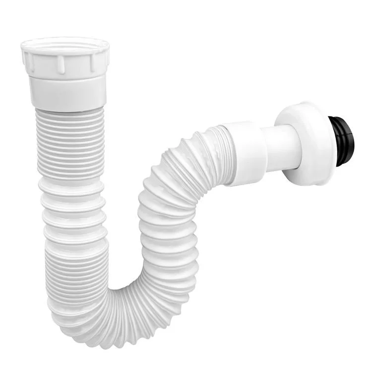 Plastic sink drain pipe with flexible accordion-style tubing and connecting fittings