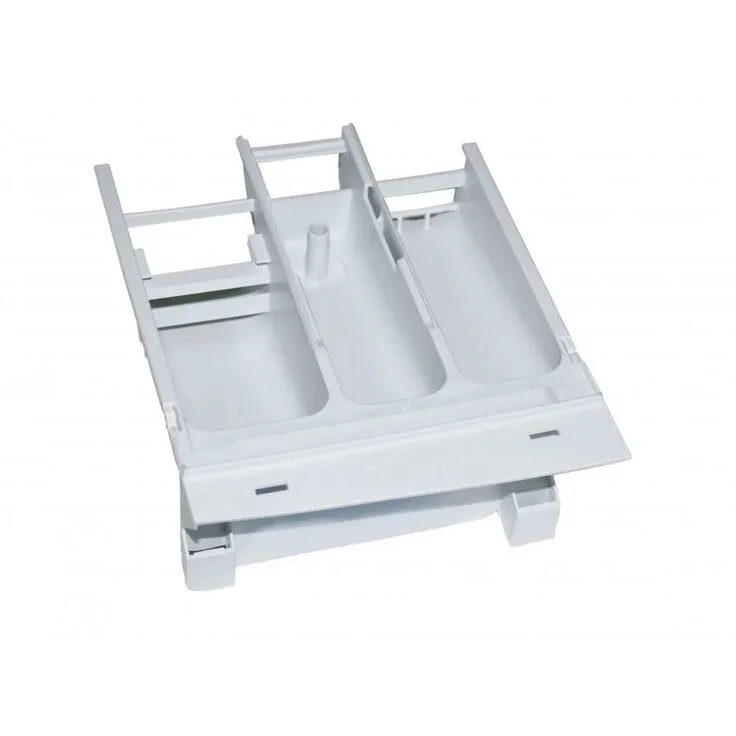 White plastic detergent drawer with three compartments for washing machine.