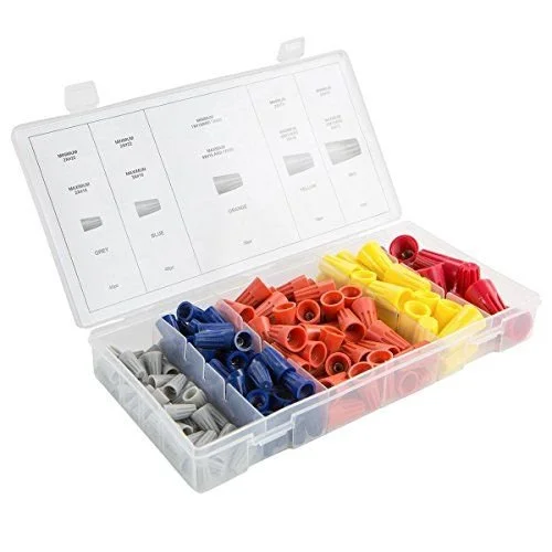 A plastic organizer box with color-coded wire connectors, including blue, orange, yellow, and red, used for electrical wiring.