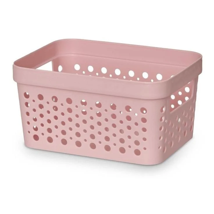 Pink plastic storage basket with perforated holes on sides and bottom.