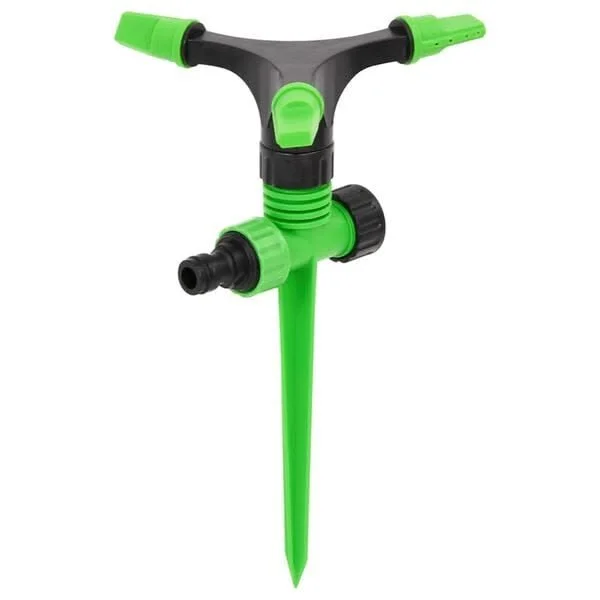 Green garden sprinkler with adjustable nozzle and stakes for ground installation.
