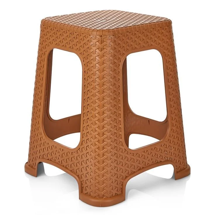 A tan plastic outdoor stool with a lattice pattern and open sides.