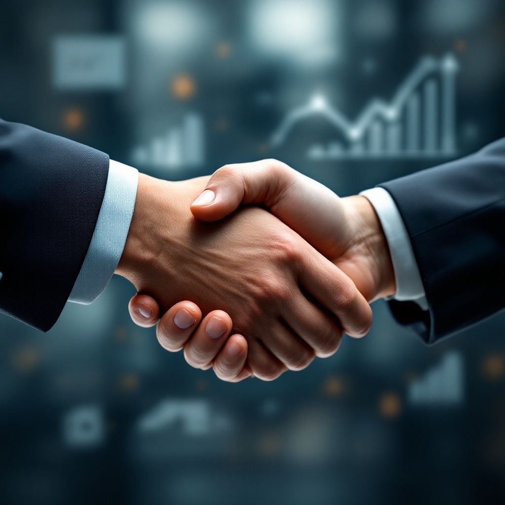 Handshake between two businessmen in suits with a blurred business graph in the background.