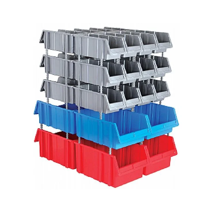Stacked plastic storage bins in gray, blue, and red colors.