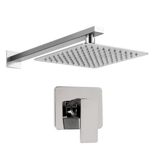 A modern shower system with a square overhead rain shower and a separate handle for water control.