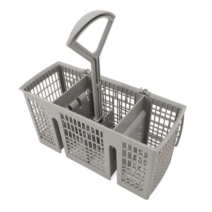Gray plastic shopping cart with a handle and divided compartments