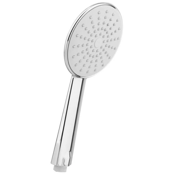 A silver handheld shower head with a round spray face and multiple small nozzles.