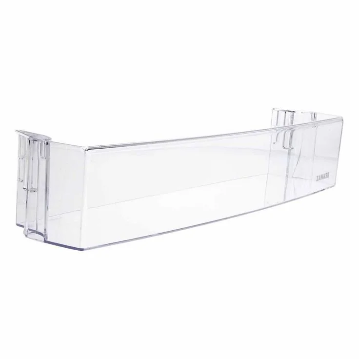 Clear plastic refrigerator door bin with storage compartments.
