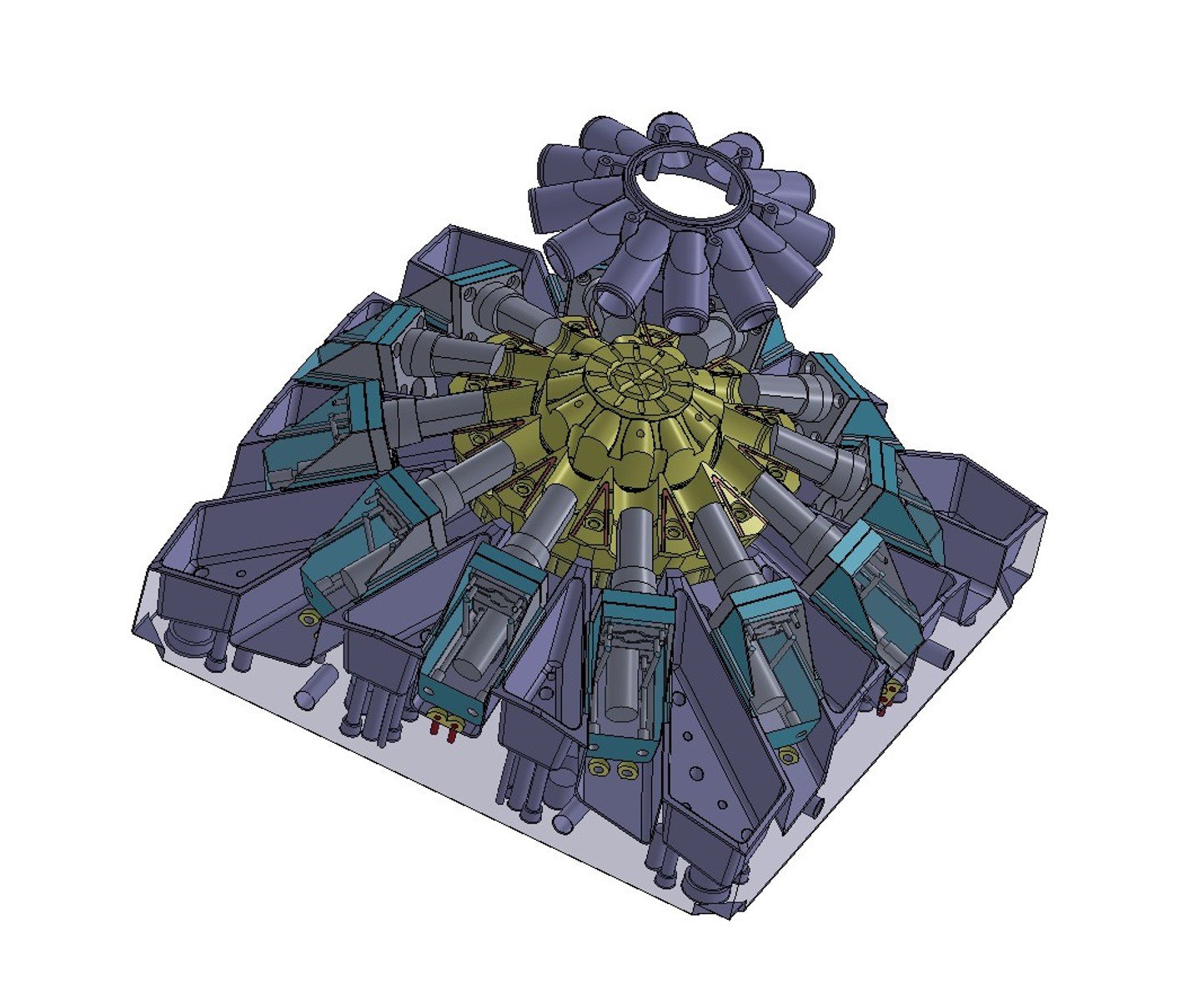 Detailed 3D model of a mechanical device with multiple tubes and components, featuring a circular arrangement of parts.