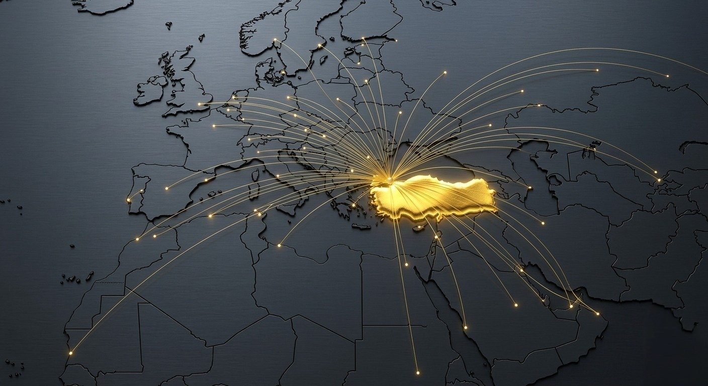 A world map highlighting Turkey in gold with lines connecting it to multiple countries across Europe, Asia, and Africa, representing international connections.
