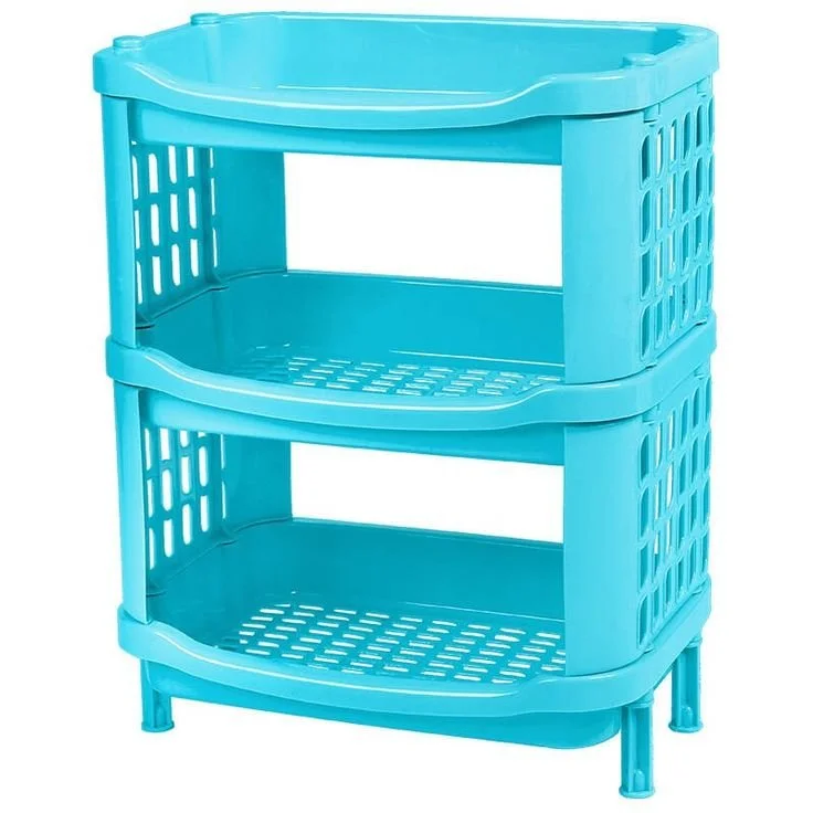 A blue three-tier plastic storage rack with open sides.
