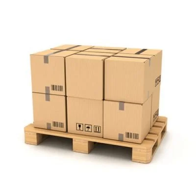 A pallet holding nine cardboard boxes stacked in three rows of three on a wooden pallet