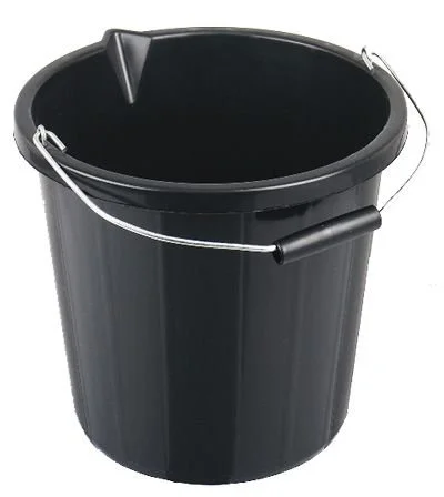 A black plastic bucket with a metal handle and a plastic grip.