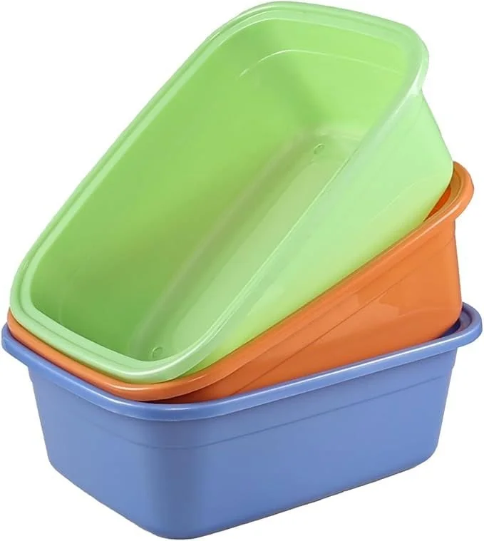 Stack of three plastic storage containers in blue, orange, and green colors.
