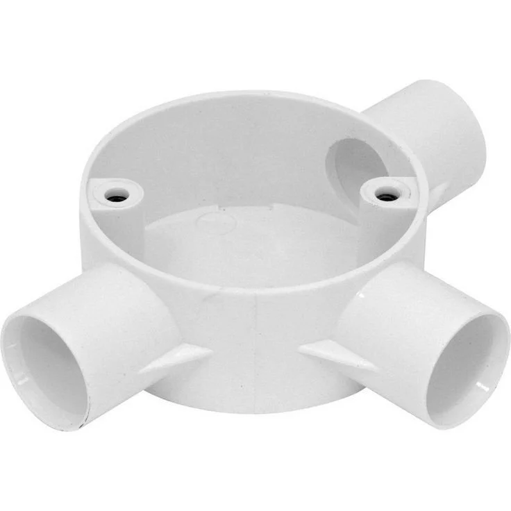 White plastic electrical box with three conduit openings and mounting holes