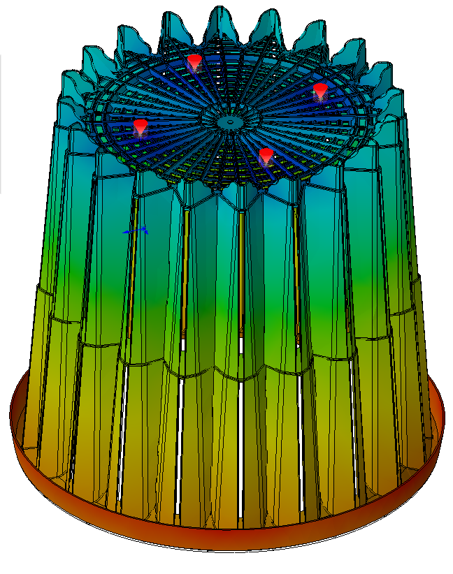 Color-coded digital model of a turbine or generator, showing detailed internal and external structure with red markers indicating specific points of interest.