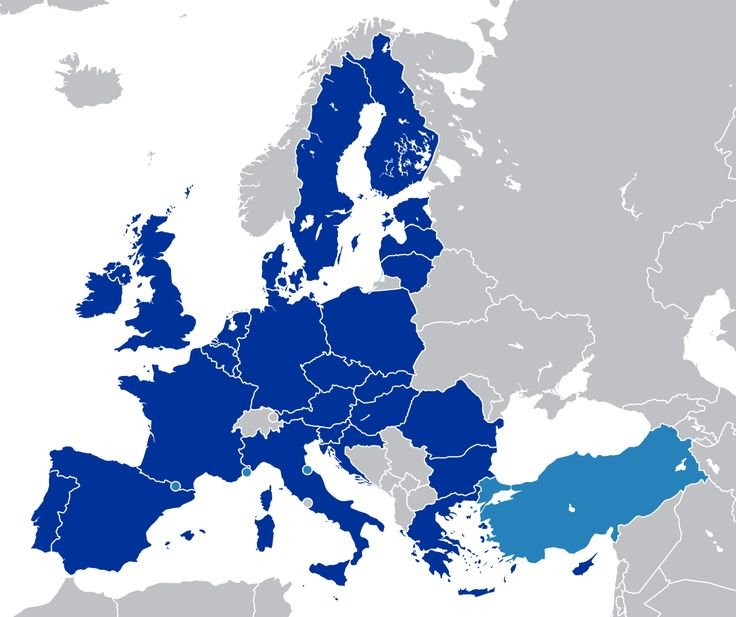 Map of Europe with countries shaded in various shades of blue.