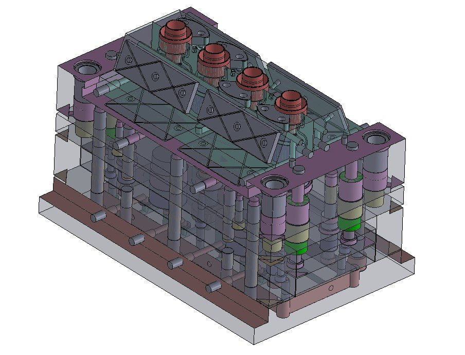 A detailed 3D rendering of a mechanical mold or die, showing various intricate parts, including pins, screws, and channels, in multiple colors for different components.
