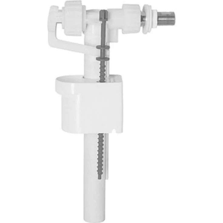 Close-up of a white toilet tank fill valve with a metal shaft and plastic components.