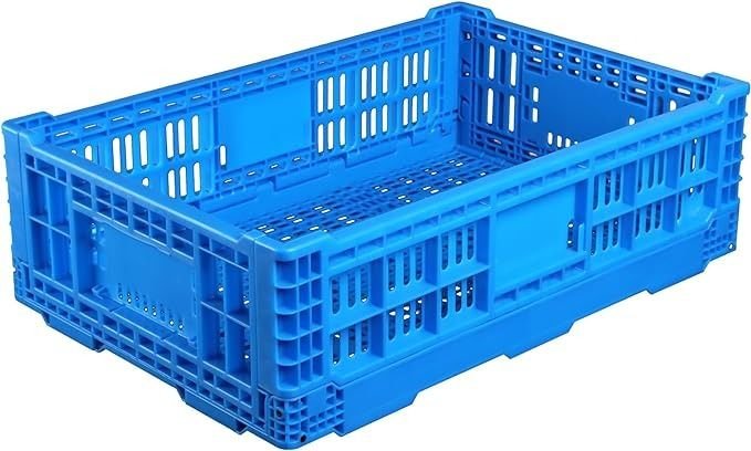 Blue plastic crate with open slats and ventilation holes