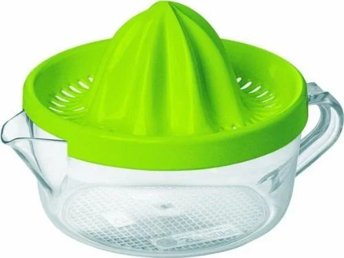 A plastic citrus juicer with a green reamer and a clear bowl for collecting juice.