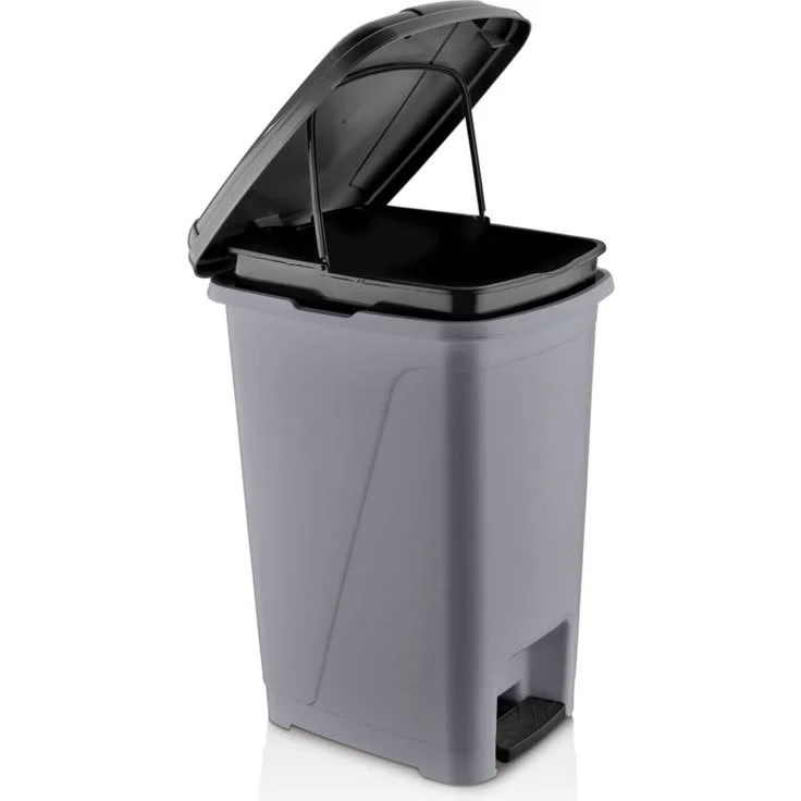 Gray trash can with black lid open